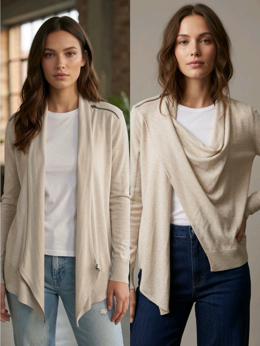 All Saints Drina Wool Cotton Heather Beige Draped Open-Front Cardigan 2 XS